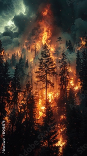 Catastrophic forest fires create a fiery spectacle, with trees engulfed in flames and the sky painted with smoke, Photo --ar 9:16 --stylize 750 Job ID: efbb8257-d277-40d9-a773-a3c112e362e3