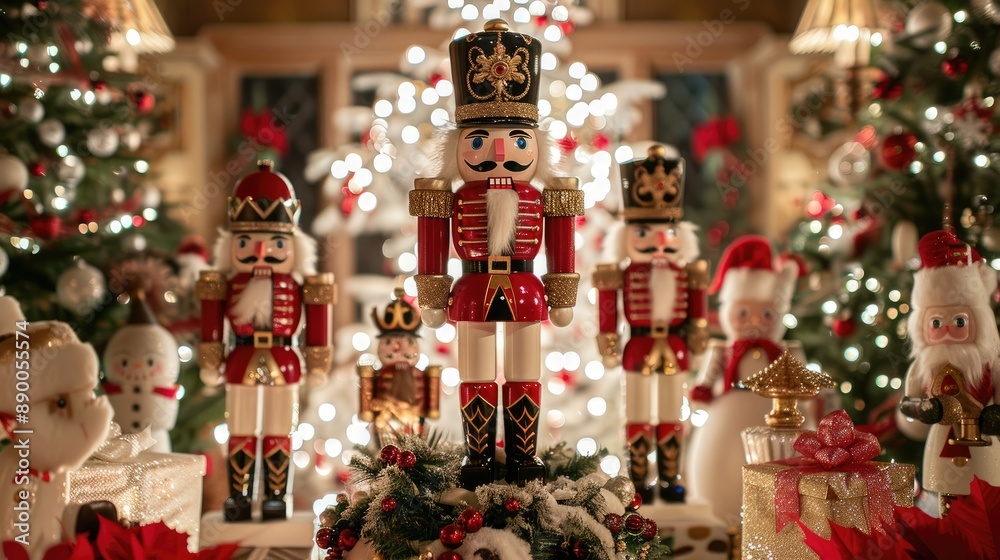 Naklejka premium Nutcracker Christmas card display, surrounded by festive garlands and holiday cheer