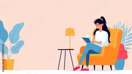 Woman reading a book in a comfortable armchair at home.