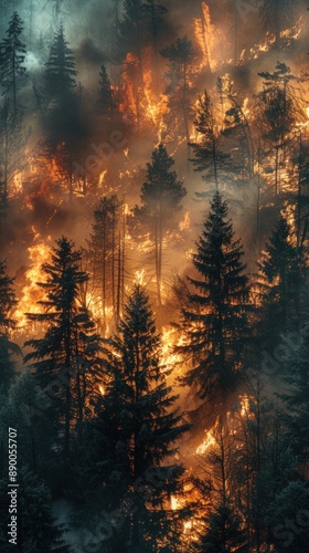 Dramatic view of a forest in the midst of a wildfire, with flames licking the treetops and smoke filling the horizon, Photo --ar 9:16 --stylize 750 Job ID: 375e0b70-4aa5-4323-b175-01dceefd9249