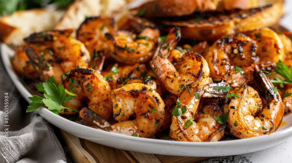 Platter of spicy grilled shrimp with garlic butter, garnished with parsley and served with crusty bread Platter of spicy grilled shrimp with garlic butter, garnished with parsley and served with crusty bread