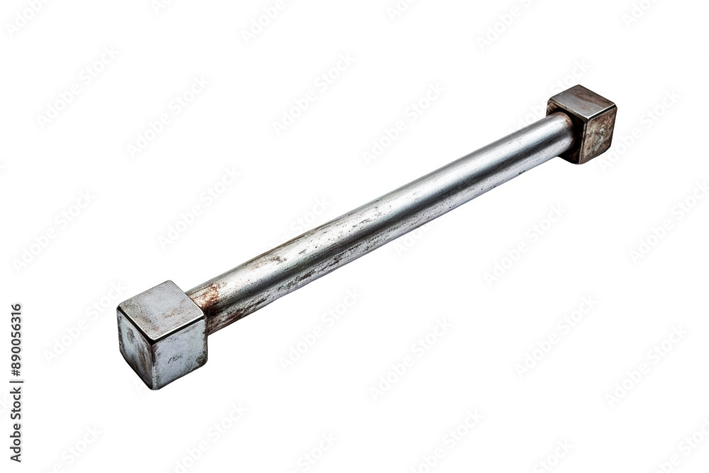 A Silver Rod With Square Ends Rests on a White Background on a Clear PNG or White Background. A Silver Rod With Square Ends Rests on a White Background on a Clear PNG or White Background.