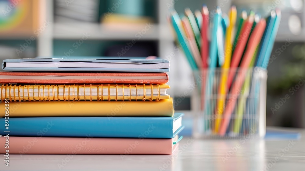 Set of colorful notebooks and folders stacked on a student's desk Set of colorful notebooks and folders stacked on a student's desk