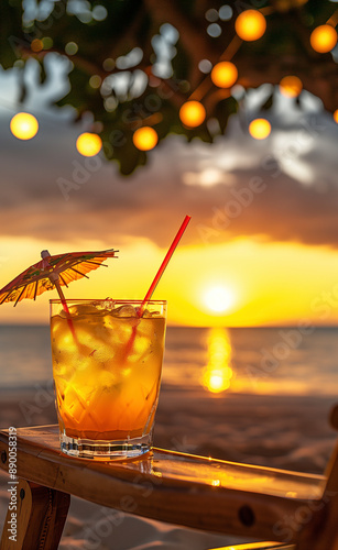 Sunset beach, summer cocktails generated by AI
