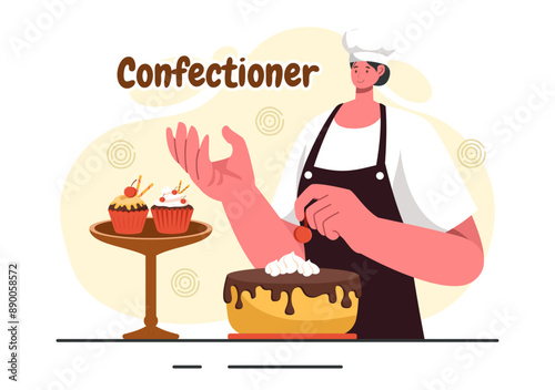 Confectioner Vector Illustration featuring a Chef Wearing an Apron Preparing Desserts, Sweet Products, and Pastries in a Flat Style Cartoon Background