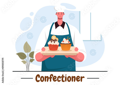 Confectioner Vector Illustration featuring a Chef Wearing an Apron Preparing Desserts, Sweet Products, and Pastries in a Flat Style Cartoon Background