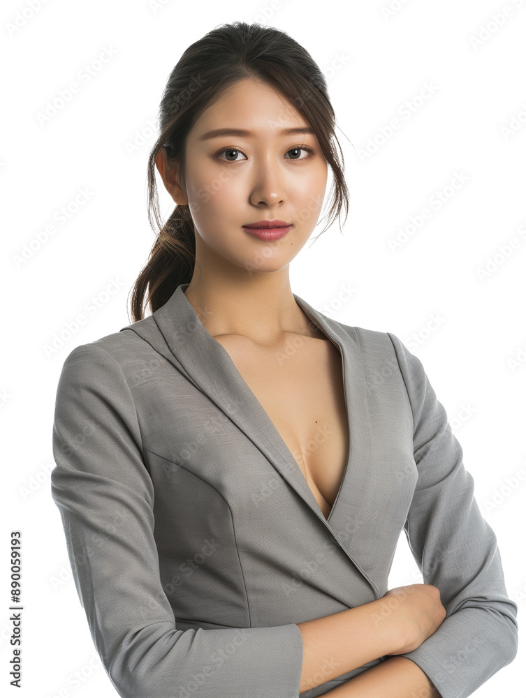 A poised young woman with a confident expression, dressed in a stylish grey blazer. Her professional attire and composed demeanor highlight her elegance and sophistication A poised young woman with a confident expression, dressed in a stylish grey blazer. Her professional attire and composed demeanor highlight her elegance and sophistication