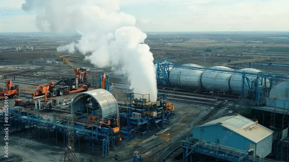 A sprawling factory complex with multiple smokestacks emitting smoke. The scene captures the hustle and bustle of industrial activity with workers and machinery in motion.