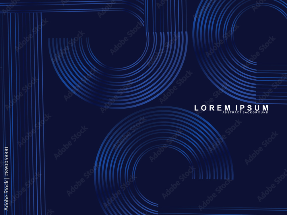 Abstract shining circle lines on dark blue background. Geometric line art design. Modern shiny blue lines. Futuristic technology concept for, poster, cover, banner, brochure, website, etc.