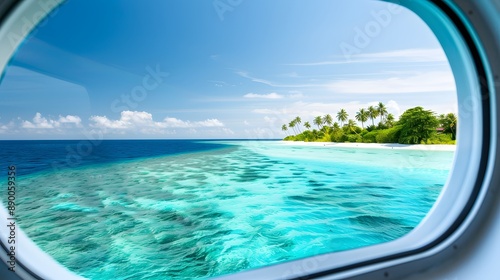 Serene Island View Through Cruise Ship Window - Tropical Paradise with Palm Trees and Turquoise Waters, Exotic and Inviting Vacation Scene © Yuparet