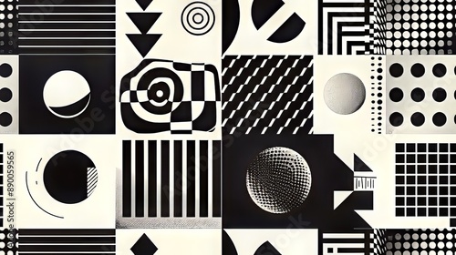 Black and white geometric shapes and patterns form a seamless retro op art background