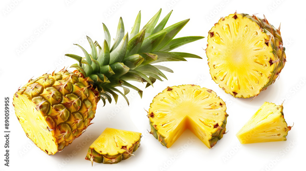 Pineapple and its slices on a white background. Pineapple and its slices on a white background.
