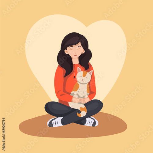 Vector flat illustration of a volunteer girl with a cat. Adoption of homeless animals. Veterinary medicine and assistance