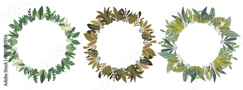 Set of vector round frames made of leaves, bushes and place for text. Natural wreath with copy space isolated from background. Frame for invitations, cards