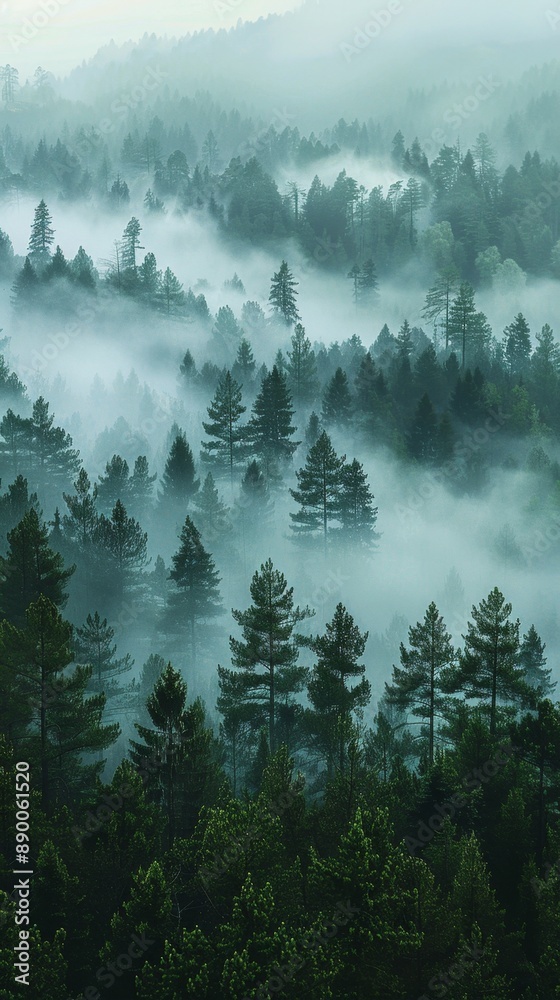 Fototapeta premium Mesmerizing Aerial View of Misty Forest: Towering Pines and Cedars Emerging from Fog. Mysterious and Moody Landscape with Rocky Outcrops. Perfect for Nature Enthusiasts, Adventure Seekers, and Atmosph