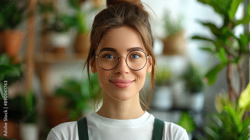 Happy female small business owner in her plant shop, lush greenery, vibrant colors, realistic illustration, welcoming atmosphere Happy female small business owner in her plant shop, lush greenery, vibrant colors, realistic illustration, welcoming atmosphere