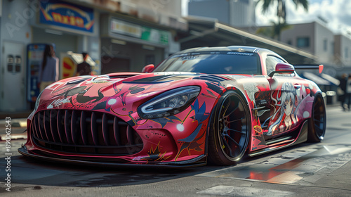 Itasha sports car wrapped with anime characters parked in japanese valley