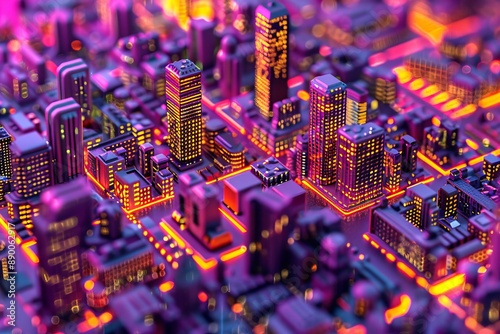 Neon Cityscape with High Rise Buildings and Vibrant Night Lights photo