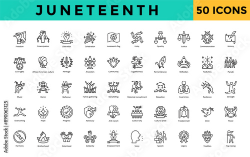 Juneteenth icon set with freedom, emancipation, liberation, celebration, juneteenth flag, unity, equality, justice, commemoration, history icon. Simple line vector 
