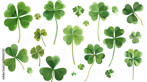 Collection set of green lucky clover and shamrock isolated on white background, Saint Patrick day celebration symbol