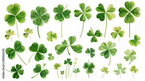 Collection set of green lucky clover and shamrock isolated on white background, Saint Patrick day celebration symbol