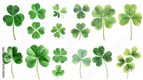 Collection set of green lucky clover and shamrock isolated on white background, Saint Patrick day celebration symbol