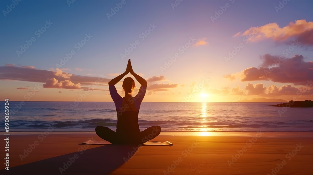 Serene Beach Yoga at Sunrise - Tranquil Meditative Practice with Ocean View