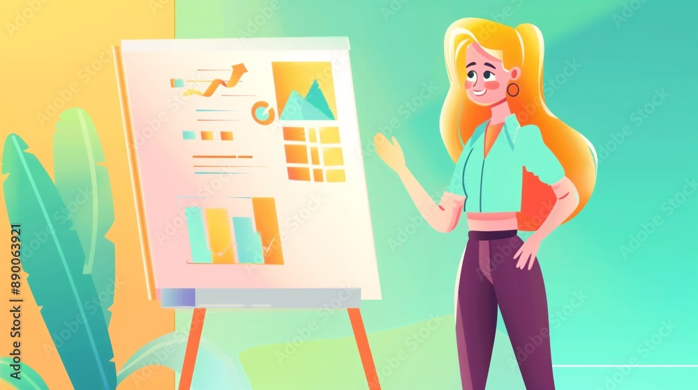 Businesswoman presenting colorful graphs on a board in a modern office environment, symbolizing strategic planning and analysis Businesswoman presenting colorful graphs on a board in a modern office environment, symbolizing strategic planning and analysis