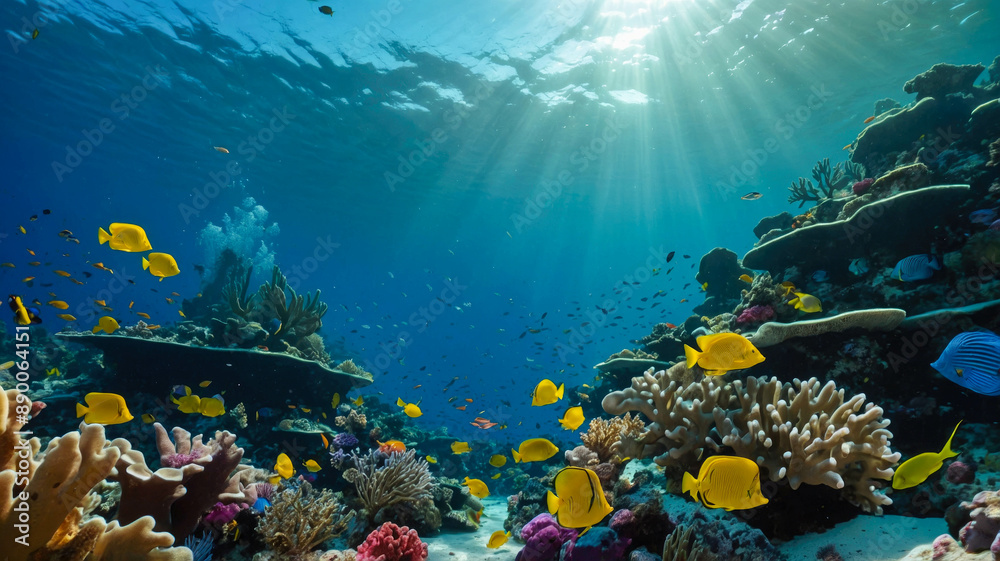 Fototapeta premium Vibrant coral reef with colorful fish underwater.