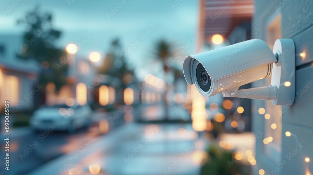 A modern security camera silently watches over a quiet suburban street. A modern security camera silently watches over a quiet suburban street.