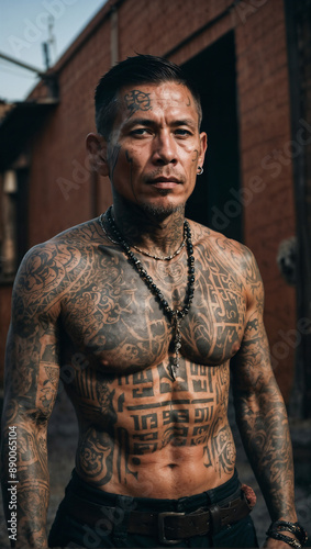 Heavily Tattooed Urban Warrior: Gritty Portrait of Inked Masculine Strength © Eetu