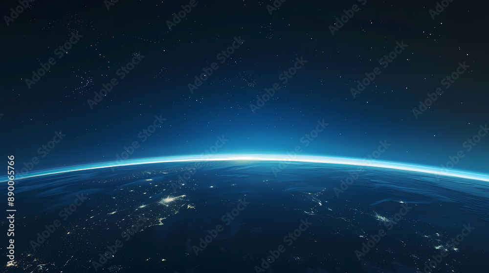 Obraz premium Earth viewed from space with blue lights shining on the horizon