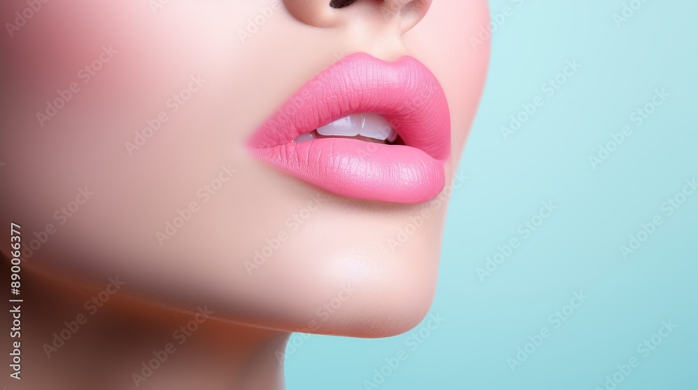Obraz premium Close-up of Pink Lips with Perfect Makeup - A close-up shot showcasing the beauty of pink lips with perfect makeup, symbolizing femininity, confidence, sensuality, and elegance.