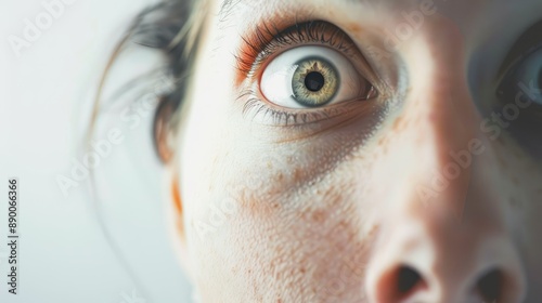 Close-Up of a Woman's Shocked Eye with Dilated Pupil - This image captures a close-up of a woman's eye, showcasing a dilated pupil and a wide-eyed expression of shock, surprise, or fear. The image can