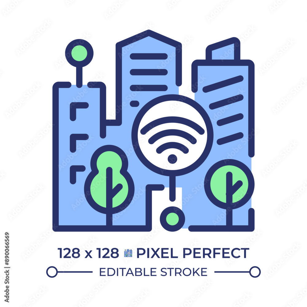 Smart city pixel perfect RGB color icon. Iot infrastructure system, connectivity. Urban architecture. Modern skyscrapers. Isolated vector illustration. Simple filled line drawing. Editable stroke Smart city pixel perfect RGB color icon. Iot infrastructure system, connectivity. Urban architecture. Modern skyscrapers. Isolated vector illustration. Simple filled line drawing. Editable stroke