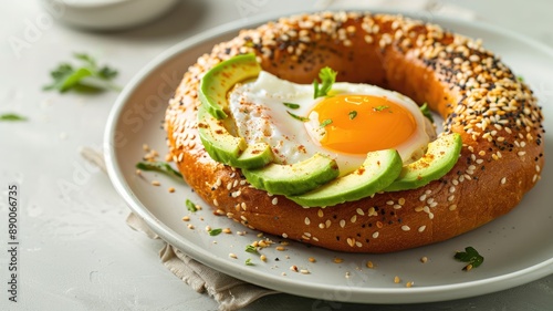 Bagel with avocado slices and sunny-side-up egg