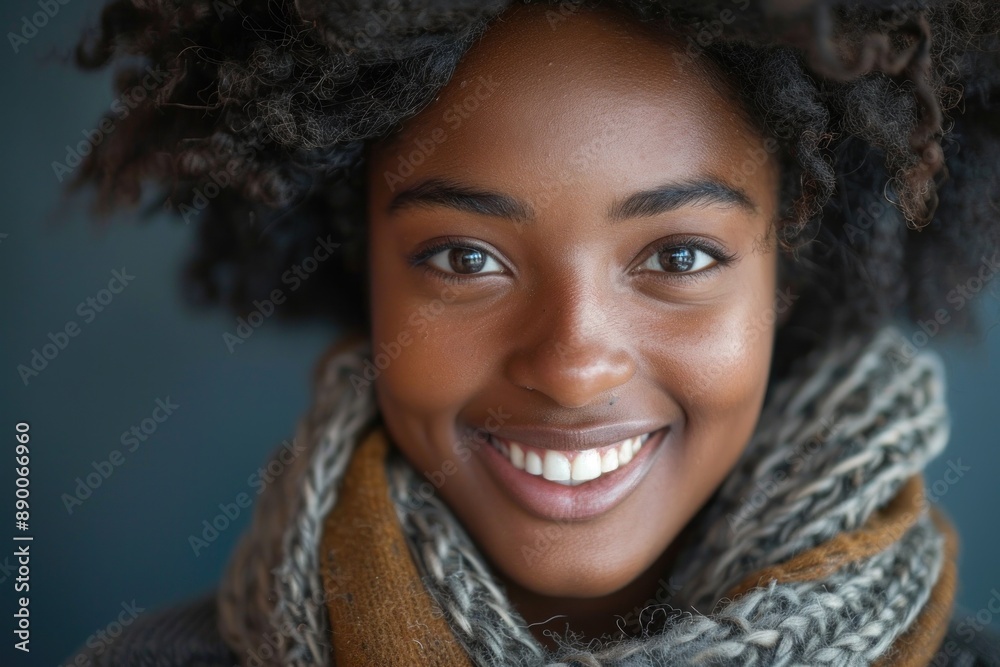 A woman with a scarf on her head and a big smile on her face A woman with a scarf on her head and a big smile on her face