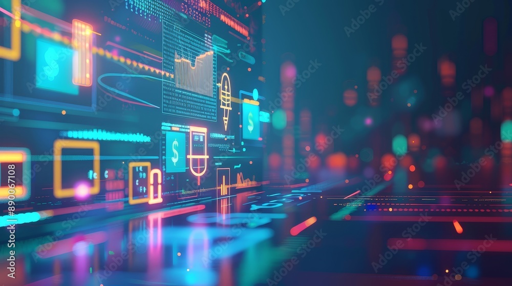 Fototapeta premium Digital Data and Technology Abstract Background - A futuristic, abstract background depicting a digital landscape with glowing neon lines and symbols. It represents concepts of technology, innovation,