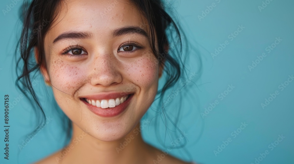 A vibrant close-up portrait of an Asian person smiling joyfully against a solid background The person's happiness is contagious with their eyes and smile radiating positivity The solid background A vibrant close-up portrait of an Asian person smiling joyfully against a solid background The person's happiness is contagious with their eyes and smile radiating positivity The solid background