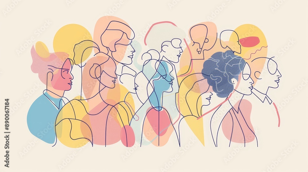 Diverse Crowd of People in One Line Illustration - This abstract illustration depicts a group of people represented by single lines. It symbolizes unity, diversity, community, togetherness, and the in Diverse Crowd of People in One Line Illustration - This abstract illustration depicts a group of people represented by single lines. It symbolizes unity, diversity, community, togetherness, and the in