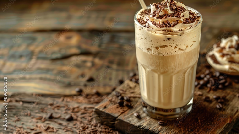 Iced coffee topped with whipped cream and chocolate shavings on rustic wooden table