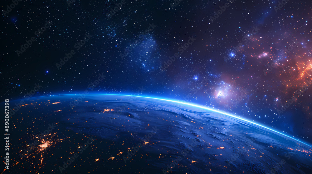 Earth viewed from space with blue lights shining on the horizon Earth viewed from space with blue lights shining on the horizon