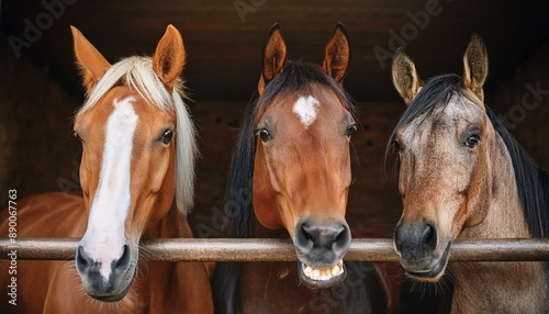 "Stable Joy: Portrait of Three Smiling Horses Showing Their Heads in the Stable"