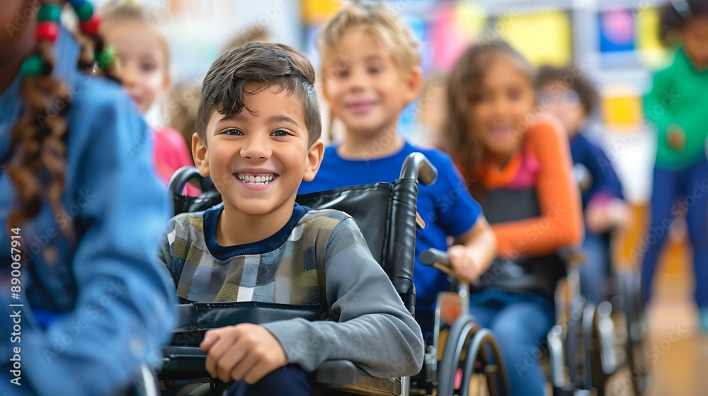 A happy handicapped child in a wheelchair sits among healthy classmates in a bright, cheerful school classroom, showcasing an inclusive education environment. A happy handicapped child in a wheelchair sits among healthy classmates in a bright, cheerful school classroom, showcasing an inclusive education environment.