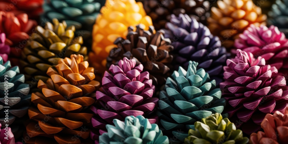 Fototapeta premium A closeup of colorful painted pine cones in various vibrant hues, creating a festive and artistic display.
