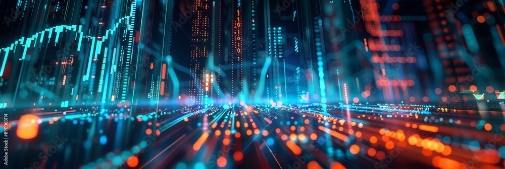 Futuristic Cityscape with Data Flow and Digital Networks - The image ...