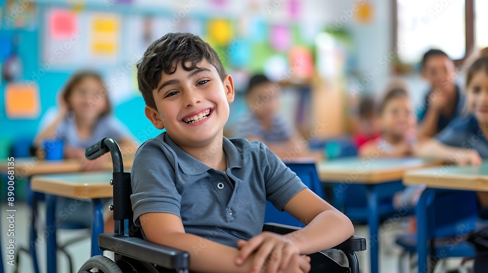 Smiling handicapped child in a wheelchair sits among healthy peers in a lively classroom, showcasing the benefits of inclusive education. Smiling handicapped child in a wheelchair sits among healthy peers in a lively classroom, showcasing the benefits of inclusive education.