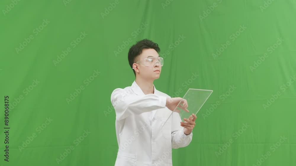 Portrait of Scientist female researcher with protective glasses and mask examining lab tube with a blue fluid hand with a torn glove Portrait of Scientist female researcher with protective glasses and mask examining lab tube with a blue fluid hand with a torn glove