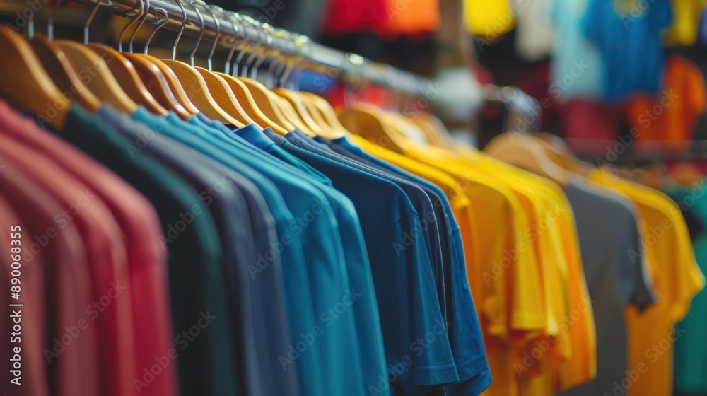 A variety of colorful t-shirts neatly hung on a clothing rack in a store, showcasing diverse fashion options for shoppers. A variety of colorful t-shirts neatly hung on a clothing rack in a store, showcasing diverse fashion options for shoppers.