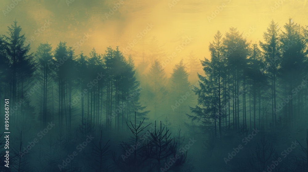 Fototapeta premium Misty sunrise in a dense forest, creating a serene and mysterious atmosphere with fog rolling through the trees.